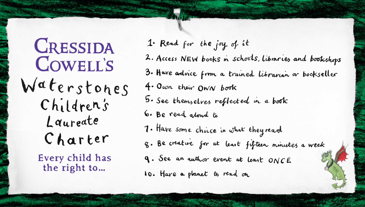 And here it is, the new #ChildrensLaureate's 'giant to do list': <a href="/CressidaCowell/">Cressida Cowell</a>'s official Waterstones Children's Laureate Charter! 

#ReadingIsMagic