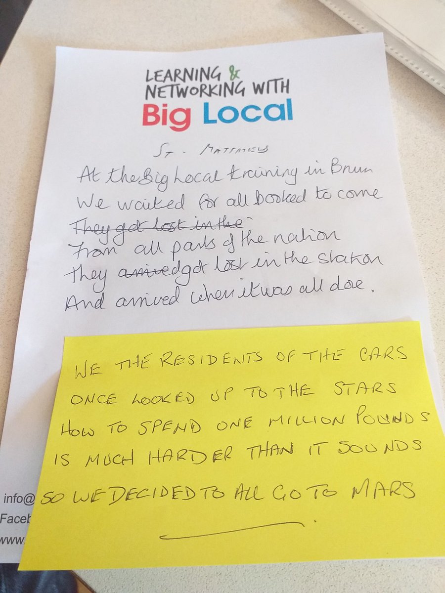 justideasco's tweet photo. Wonderful limericks from @StMatthewsBL and Cars #BigLocal at today's #MeasuringChange training for @LocalTrust https://t.co/osjHmYSWtz