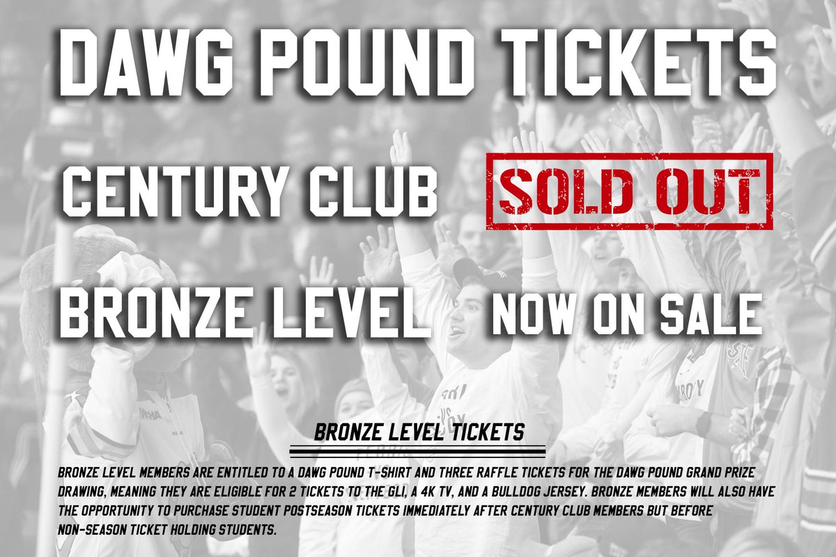 FerrisHockey's tweet photo. SOLD OUT: The Inaugural Century Club level has officially closed for the Dawg pound

NOW ON SALE: Bronze Level Dawg Pound Tickets. Benefits for Bronze level are listed here including the customary Dawg Pound t-shirt! https://t.co/eTs3jElqjr