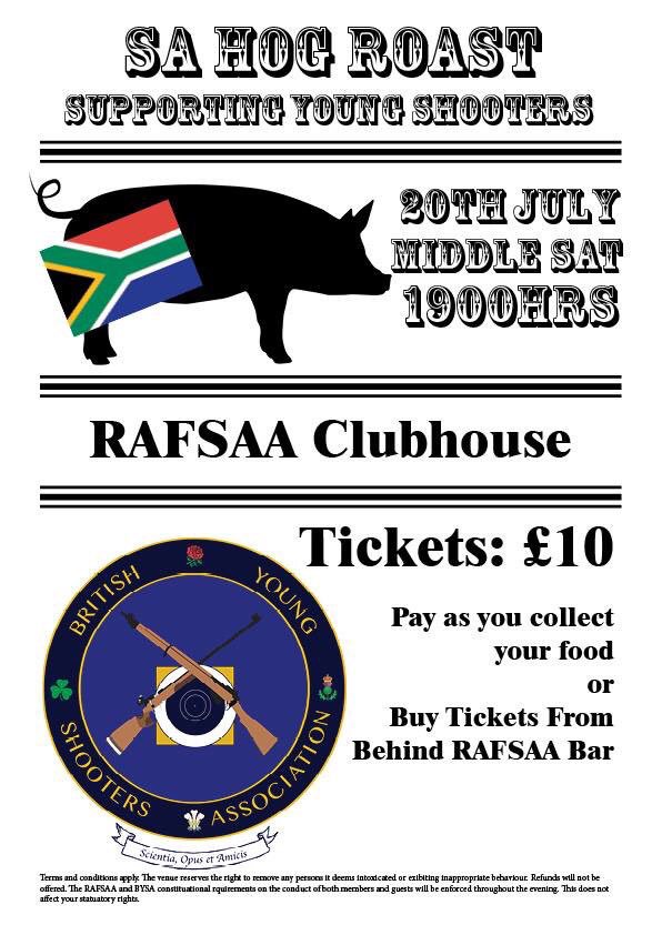 RAFSWShooting's tweet photo. British Young Shooters Association Imperial Hog Roast. An event to raise funds for Young Shooters in the UK. £10 for Hog roast sandwich, salad and potato salad served from 1900 to 2030 on Saturday the 20th of July. Location, RAFSAA clubhouse. Everybody Welcome! @YoungShooterUK https://t.co/I3vVkxQsRR