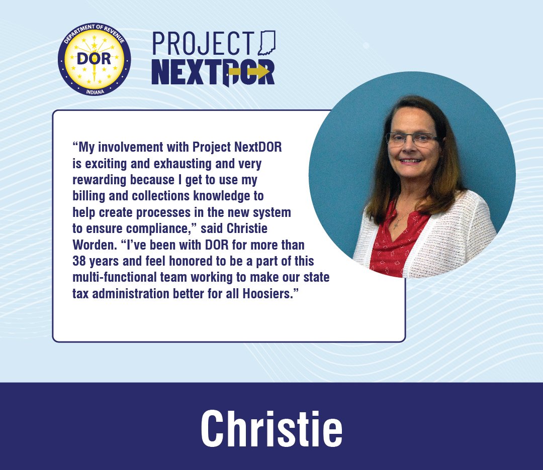 INRevenue's tweet photo. The #ProjectNextDOR spotlight this week is Christie W. She is the #ProjectNextDOR Billing and Collections Business Analyst. Christie has been with #INDOR for more than 38 years and is ready to use her knowledge to help the project! Learn more: https://t.co/r6JeVFWEPH https://t.co/z0EalsUU80