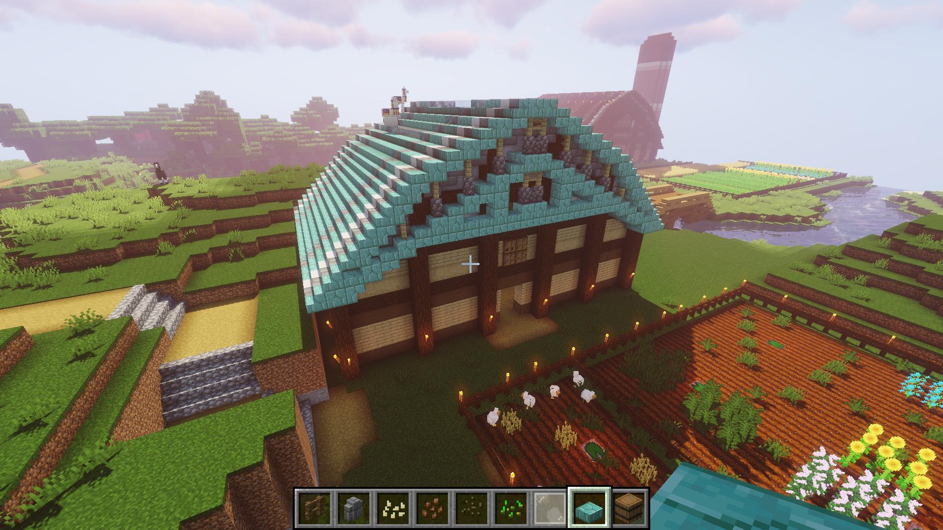 はじめ人間オクタゴン 今日は影ｍｏｄ建築練習 W 久々の牧場建築 ニワトリ小屋を作ってみました 牛舎や馬小屋とあまりデザインが被らないように 屋根は最近よく使うプリズマリンレンガで ここも緑青屋根をイメージしています W マイン