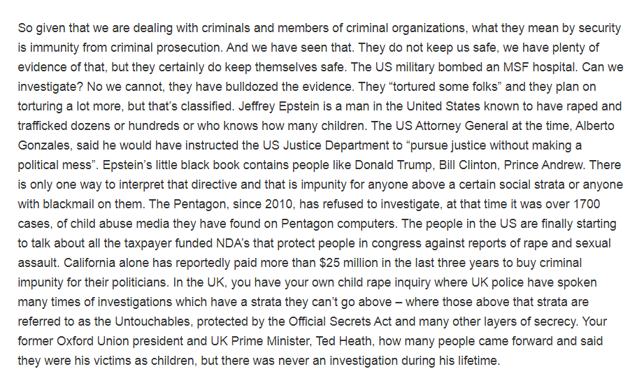 "What they mean by security is immunity from criminal prosecution. And we have seen that. They do not keep us safe, we have plenty of evidence of that, but they certainly do keep themselves safe."- Heather Marsh, @ Oxford 2018  #OpDeathEaters  #Epstein  https://georgiebc.wordpress.com/2018/05/31/transcript-of-whistleblowing-panel-censored-by-oxford-union/