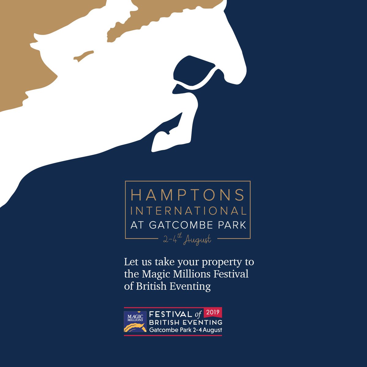 HamptonsNewbury's tweet photo. The Magic millions Festival of British Eventing is now under a month away, and we are delighted that for the 16th year running, we will be one of the events main sponsor.
#Gatcombe #HorseTrials #HamptonsInt https://t.co/5RWZZqNgvB