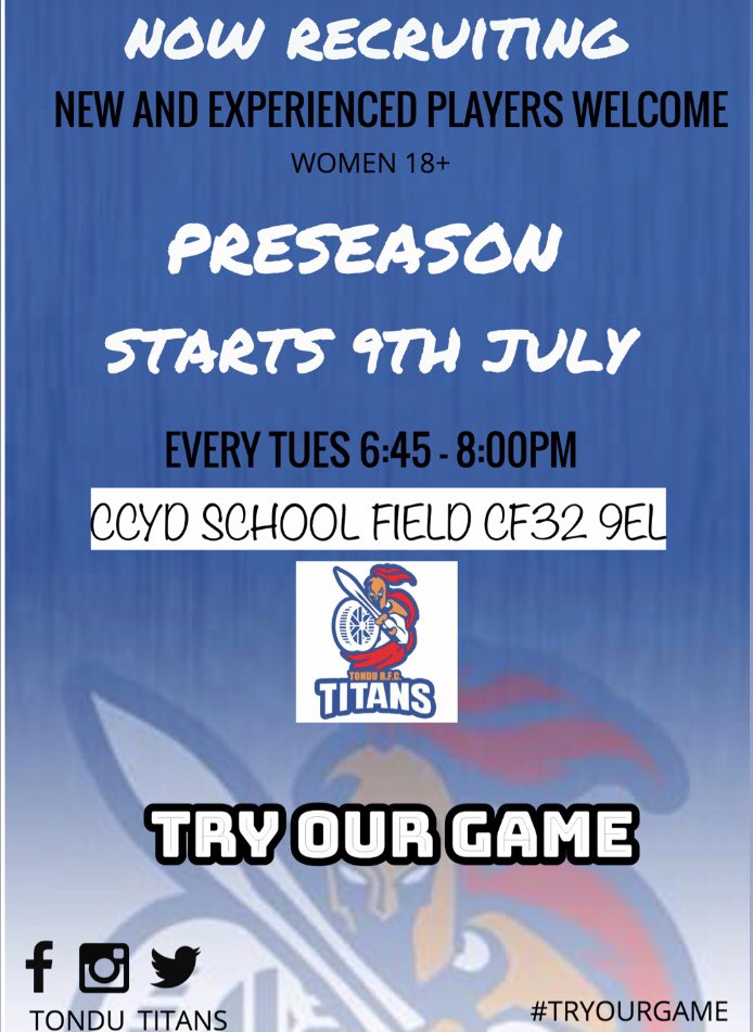 tondu_titans's tweet photo. 📣New and old players welcome come on down for some team fun and learn some new skills! 

🔵🔴Preseason starts tonight 🔵🔴 

See you on the field 🏉 @WaterWheelers @tondurfcyouth @GEMSportNews @waleswomenrugby https://t.co/AG9afV5RqC