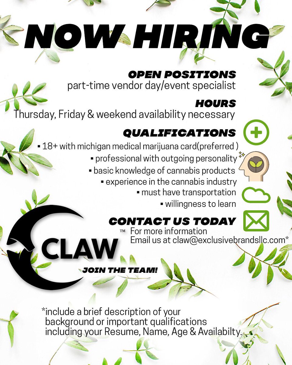 ClawConcentrate's tweet photo. Hey Cannabis enthusiasts💚 We’re adding to the team!
Share this with the friend that loves Claw and wants to help us represent our brand. https://t.co/nITSenugqv