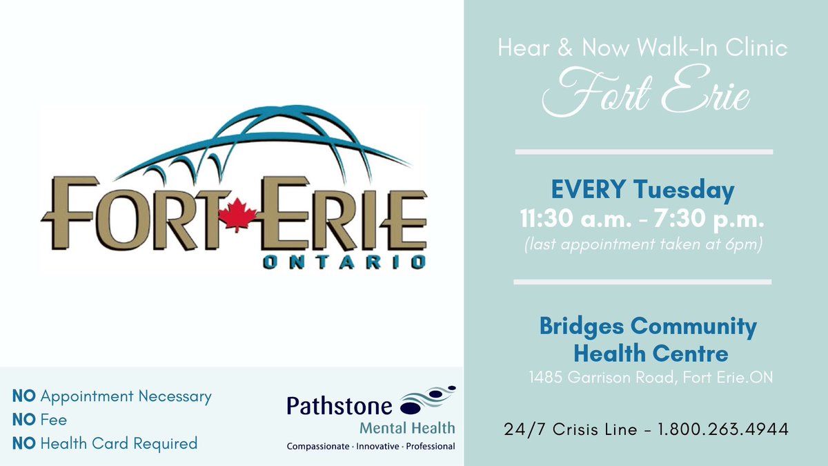 pathstonemh's tweet photo. We're open in FORT. We are open TODAY in the @TownOfFortErie 11:30am - 7:30pm at the @BridgesCHC Community. No appointment necessary / No fee / No OHIP required. If you are in crisis, a Pathstone Crisis Worker is waiting for your call 24/7 at 1-800-263-4944 #pathstoneniagara https://t.co/PcGehtKwqc