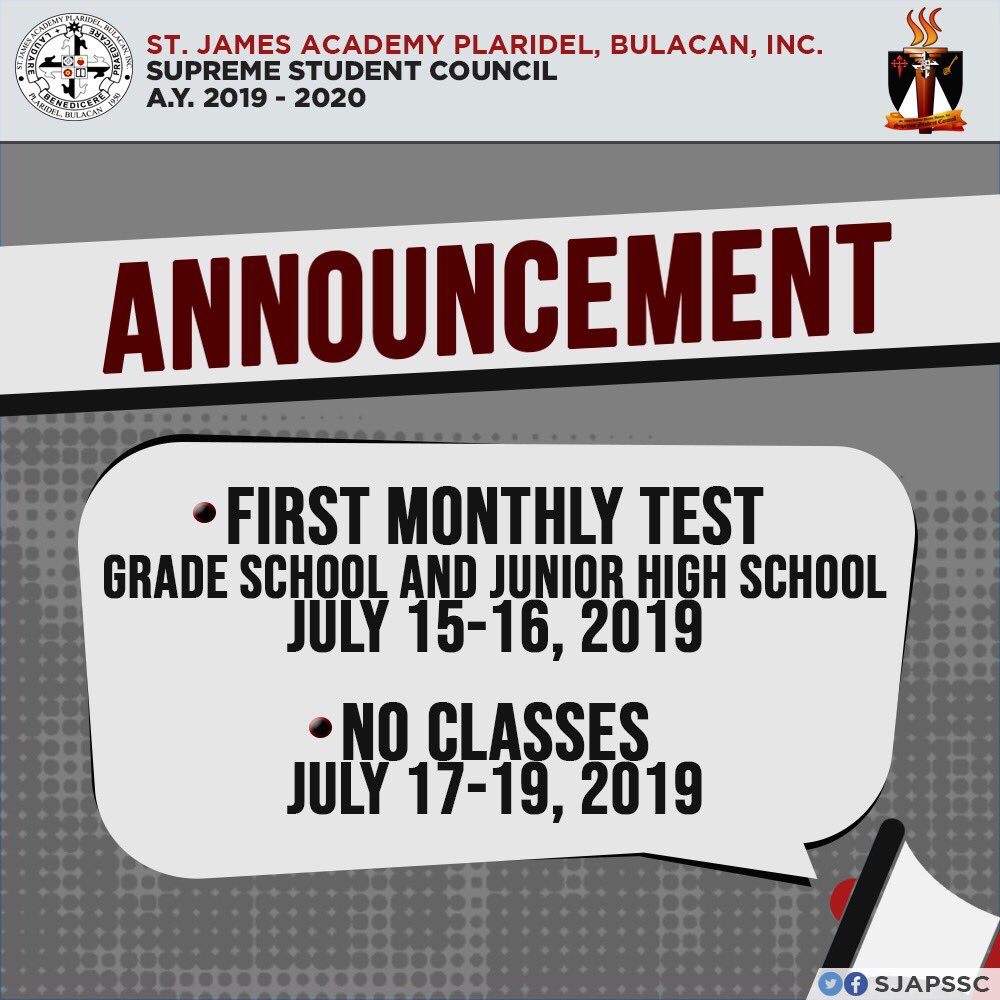 SJAPSSC's tweet photo. The first monthly test of elementary to junior high school is scheduled on July 15-16, 2019.
Kindly settle your account to the finance office.

July 17-19, 2019
Formation Retreat Seminar of SJA Personnel

No classes (from Elementary to Senior High school) https://t.co/E0ZloVHlOh