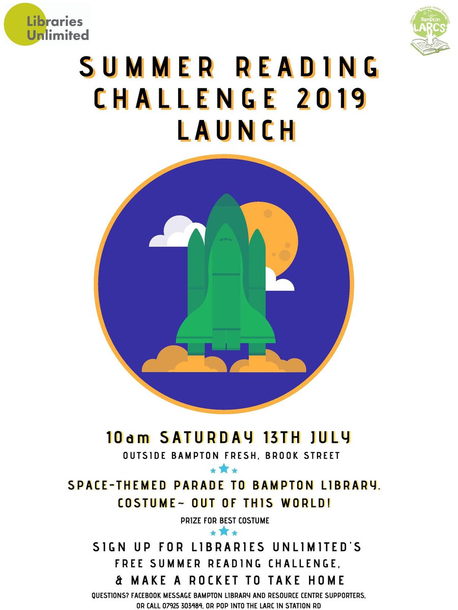 bampton_larcs's tweet photo. Get ready for take off! The Summer Reading Challenge launches on Sat - see you there. https://t.co/fJAC2FN4V5