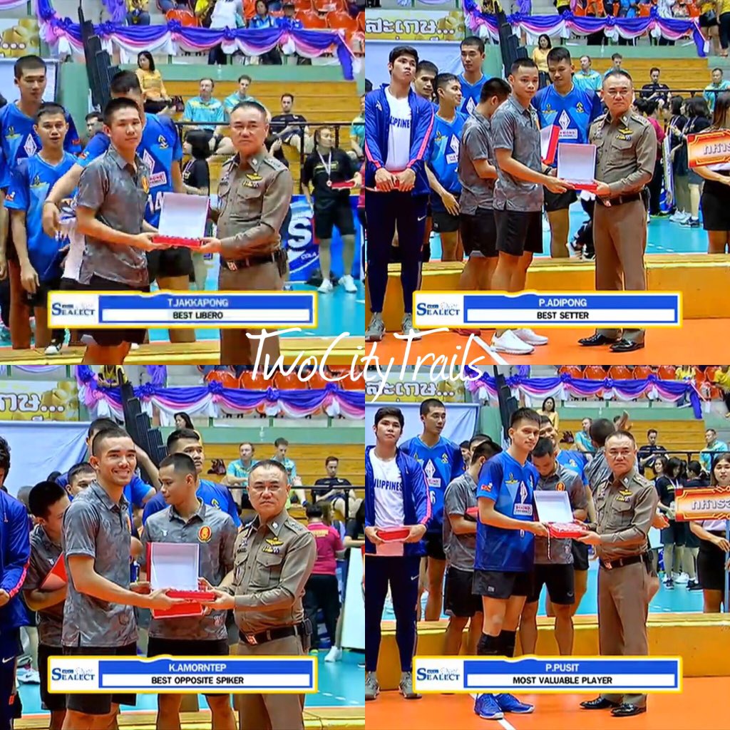 TwoCityTrails's tweet photo. #Sealect2019 Individual Awardees (Men)
Best OH: Yuranan🇹🇭,
@MarckEspejooo 🇵🇭
Best MB: Anuchit🇹🇭, Kissada🇹🇭
Best Libero: Jakkapong🇹🇭
Best Setter: Adipong🇹🇭
Best OP: Amorntep🇹🇭
MVP: Pusit🇹🇭 https://t.co/xAMZNnv0DK