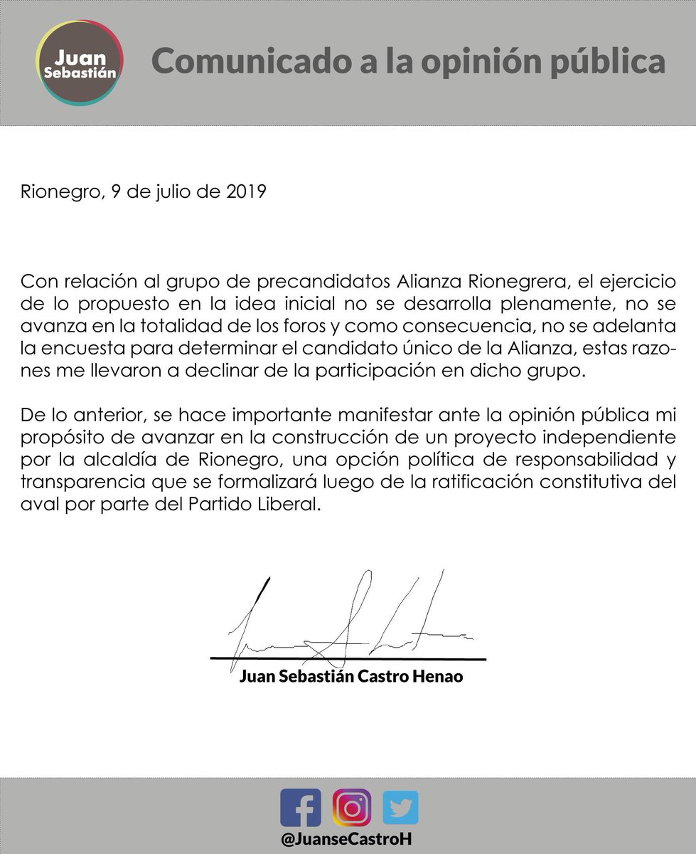 Juan Sebastián Castro (@juansecastroh) on Twitter photo Motivos por los cuales declino de la mesa Alianza Rionegrera
#ComunicadoOficial
.
.
.
<a href="/MiOriente/">MiOriente</a> <a href="/diarioriente/">DiariOriente</a> <a href="/Actualidad_O/">Actualidad Oriente</a> @orientesetuguia <a href="/asenred/">ASENRED</a> <a href="/Colmaspositiva/">Periódico Colombia más Positiva</a> <a href="/Conmarcap/">Con Marca Propia</a> <a href="/aregionalcom/">Alternativa Regional</a> <a href="/elrionegrero37/">EL RIONEGRERO</a> <a href="/ActualidadPol/">Actualidad Política</a> <a href="/MedioTu/">TuMedioAlternativo</a> Motivos por los cuales declino de la mesa Alianza Rionegrera
#ComunicadoOficial
.
.
.
<a href="/MiOriente/">MiOriente</a> <a href="/diarioriente/">DiariOriente</a> <a href="/Actualidad_O/">Actualidad Oriente</a> @orientesetuguia <a href="/asenred/">ASENRED</a> <a href="/Colmaspositiva/">Periódico Colombia más Positiva</a> <a href="/Conmarcap/">Con Marca Propia</a> <a href="/aregionalcom/">Alternativa Regional</a> <a href="/elrionegrero37/">EL RIONEGRERO</a> <a href="/ActualidadPol/">Actualidad Política</a> <a href="/MedioTu/">TuMedioAlternativo</a>