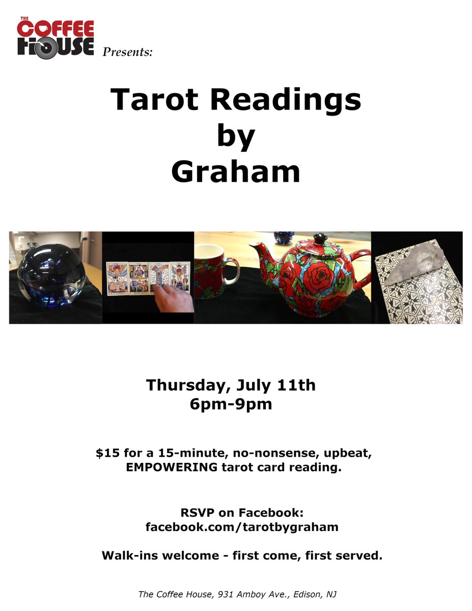I'll be giving tarot readings at The Coffee House in Edison, NJ this Thursday, July 11th from 6-9pm (I'm here the 2nd Thursday of each month). DM me for more details, to book a specific time or check out my event page: buff.ly/30y05ij