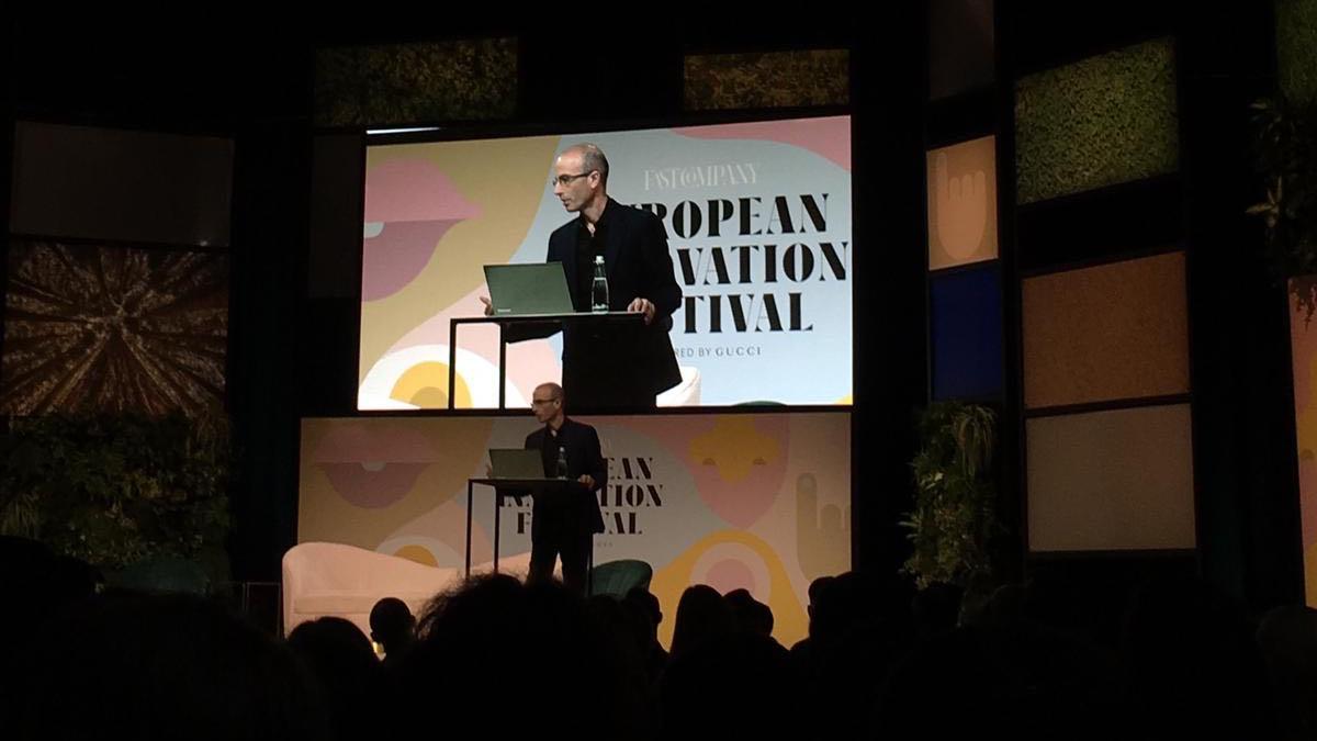 CamronPR's tweet photo. “Will the Homo Sapiens destroy himself or upgrade as a god? Humans and machines will merge completely, but we don’t have any idea of the human potential. We still know so little about humans” - says professor and bestselling author @harari_yuval at #FCFestival #CamronMilan https://t.co/oxHrV4oxsw