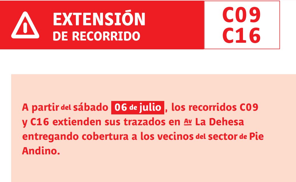 Transantiago's tweet photo. Si eres usuario de los servicios: 🚍C09 y 🚍C16 por #PlanOperacional #ModificóSuRecorrido. Extendió su ruta en Av. La Dehesa entregando cobertura a Pie Andino en #LoBarnechea🚍. https://t.co/bod61Yzc0c