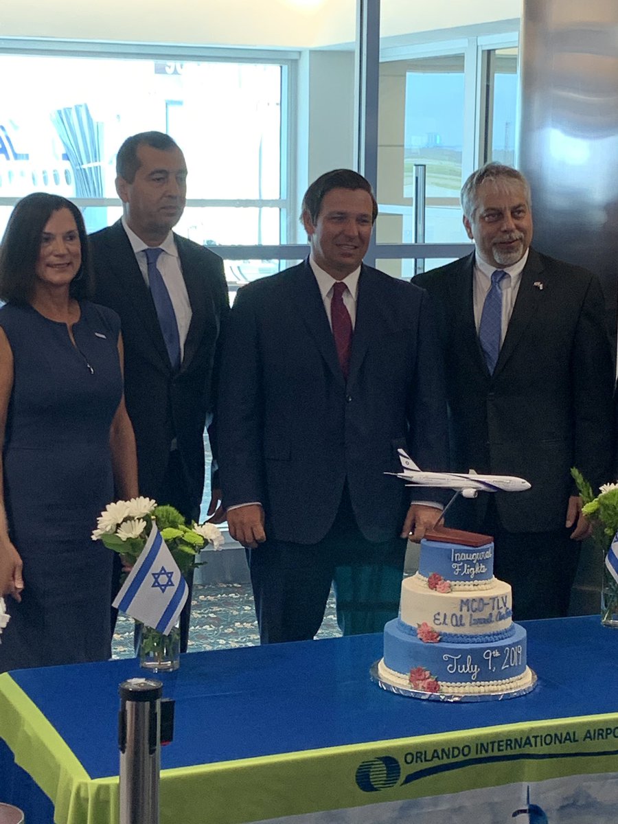 BenFriedman's tweet photo. Great to welcome @GovRonDeSantis, @LiorHaiat, @KasaBHarbor and many more to Orlando for the inaugural MCO-TLV direct flight on @ELALUSA. #FlaPol #CityBeautiful https://t.co/HKOcEQ5ejB