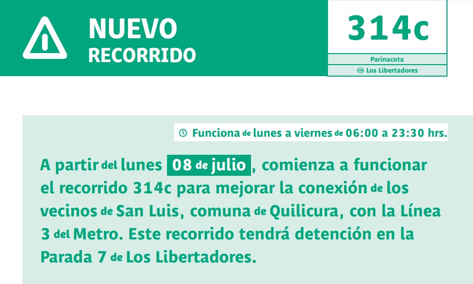Transantiago's tweet photo. Comenzó a operar otro #NuevorecorridoTs. El servicio 🚌314c de @BusesVuleSA, conecta de manera directa la Estación de 🚇 @metrodesantiago Los Libertadores #L3 con el sector San Luis en #Quilicura. 

#PlanOperacional 🚍. https://t.co/RUHZyO1QtB👈🏼. https://t.co/FtMUHB8WRk
