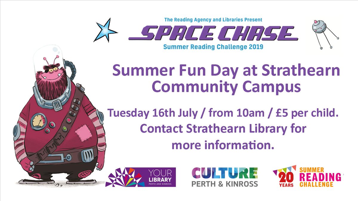 For a day of fun come along to Strathearn Library on July 16th and join <a href="/Kidsweekcrieff/">Kwic Crieff</a> and <a href="/StrathearnCC/">Strathearn Campus</a> for a fun filled day of sports, crafts, films and more for only £5. 10am-3pm, bit.ly/2IBb0kO

#KWIC #SummerReadingChallenge
