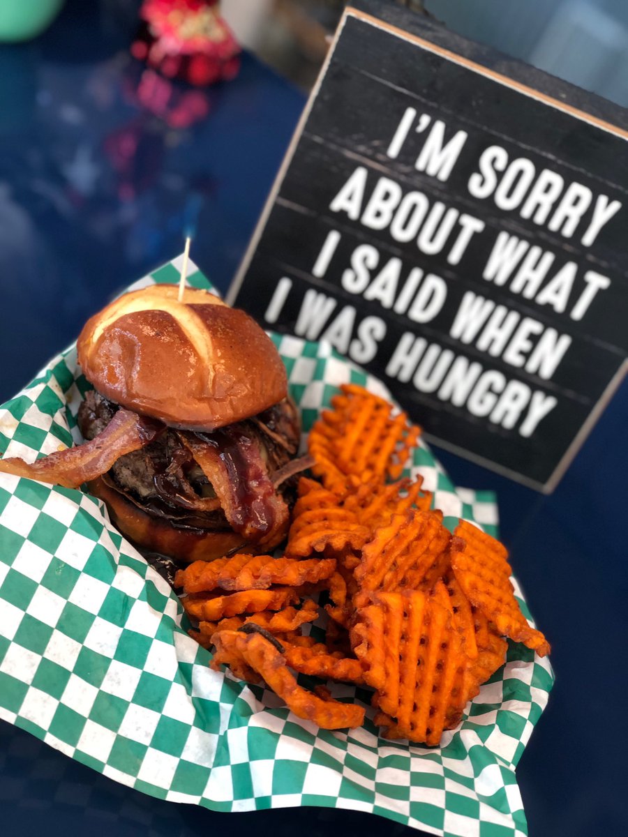 Happy Tuesday y’all! Another week means another burger, and this one is something special! 😍😍 Our specialty brisket blend  topped with Gouda cheese, onion straws, BBQ sauce, and bacon! Add a side of sweet potato fries, and as always - save room for pie! 🙌🏻🥧🙌🏻🍔