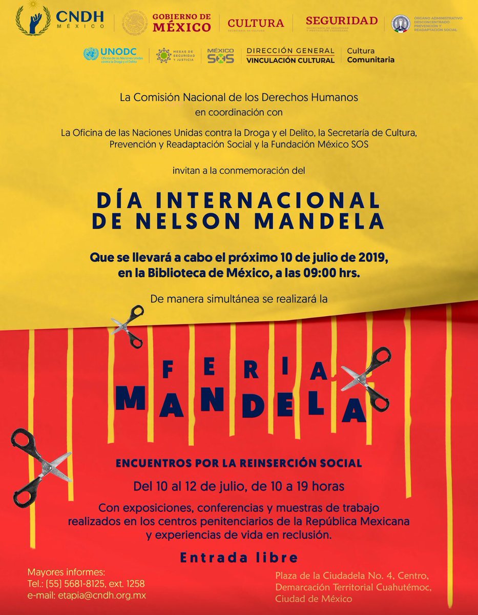 MEXICOSOS's tweet photo. #ApúntaloEnLaAgenda

@MEXICOSOS, @CNDH, @unodcesp, @cultura_mx
y Prevención y Readaptación Social

Te invitamos a la #FeriaMandela en 📍 
@BiblioMexCddela los días 📅 10, 11 y 12 de julio https://t.co/igoYTFgr7Z