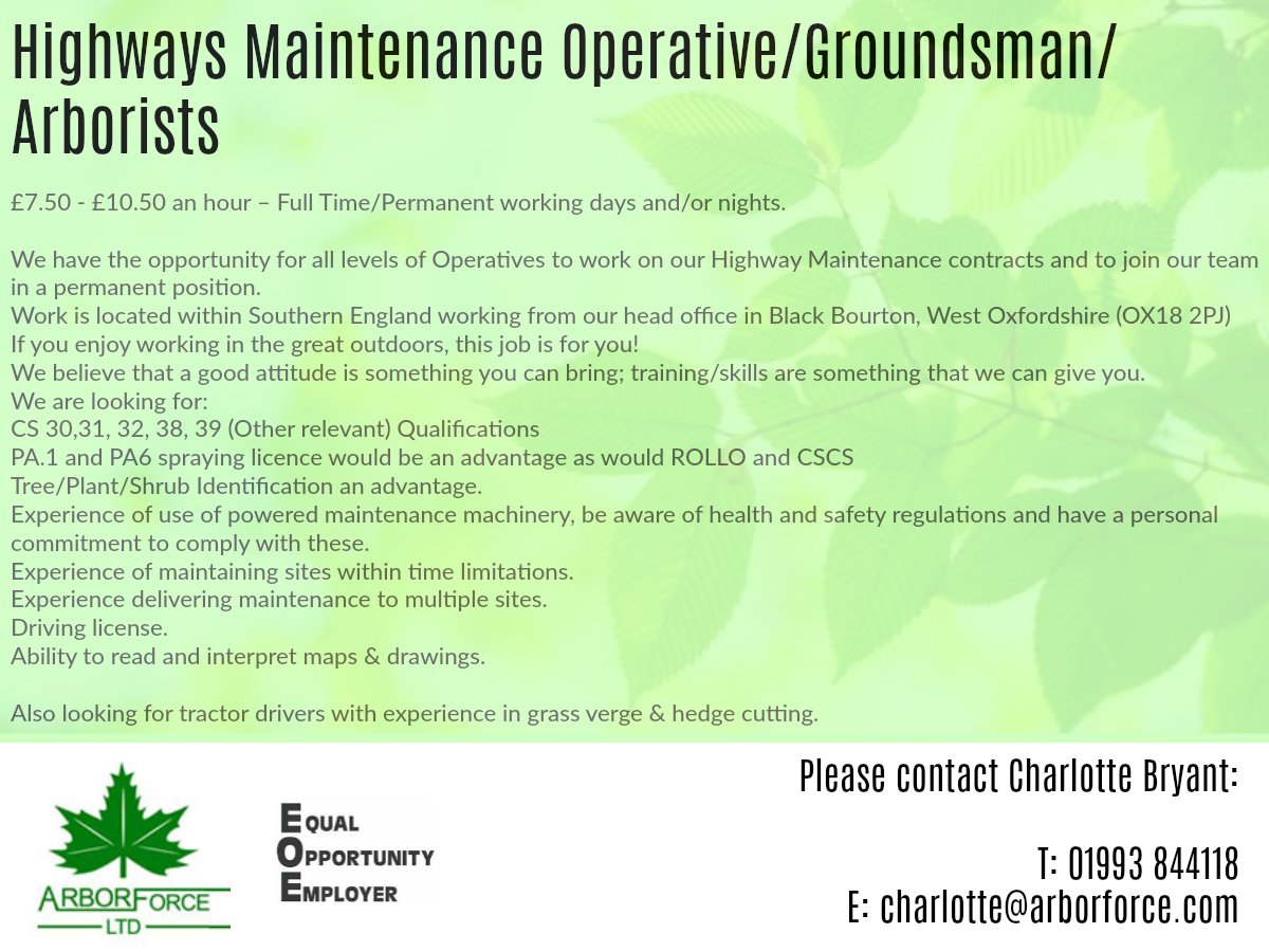 arborforce.com/recruitment/

🌳A shout out for NEW RECRUITS looking for a career working in the outdoors! 
Good attitude is something you can bring✅
Training is something we can give to you👍

📞01993 844118  
✉️info@arborforce.com