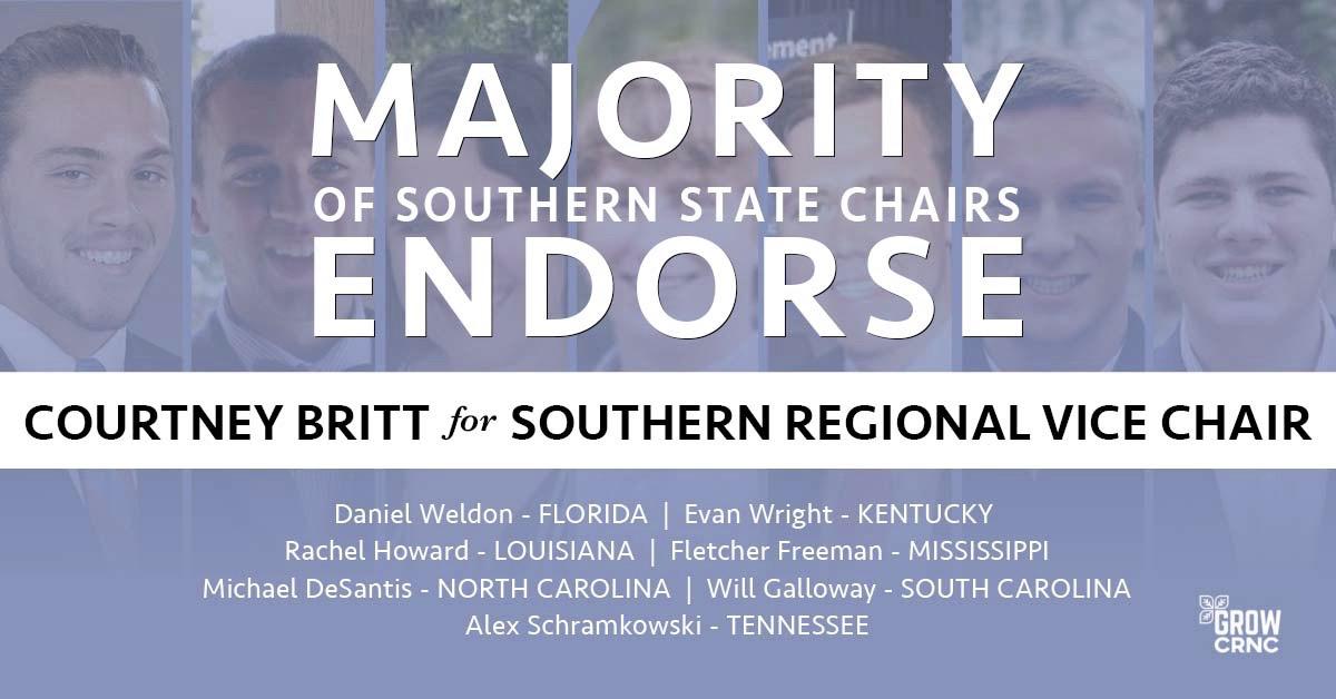 GrowCRNC's tweet photo. We are proud to announce that a majority of the South's College Republican State Chairs endorse Courtney Britt for Southern Regional Vice Chair—thank you for your ongoing support! #GrowCRNC https://t.co/K6pqJUgAbj