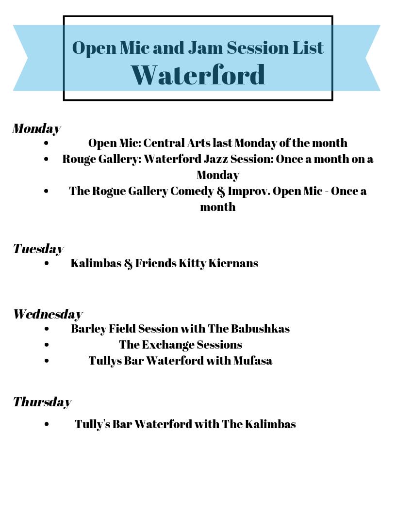 We are the Waterford Gig Guide! Come join us to find out what is happening in the Waterford music &amp; arts scene every Wednesday at 1pm. For now check out all the open mics and jam sessions you can attend to in Waterford :) 

#FirstTweet #waterfordgigguide #irishmusicparty