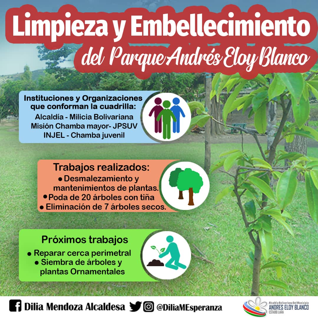clapsabanagrand's tweet photo. Gracias a la gestion de la alcaldesa del #McpioAEB @DiliaMEsperanza se logro limpiar y embellecer el parque Andres Eloy Blanco con la colaboracion de la Milicia Bolivariana y el cuerpo de Somos Venezuela del Municipio. Juntos y juntas todo es posible. #SoyComunicadorClap https://t.co/jztkmsbiLh