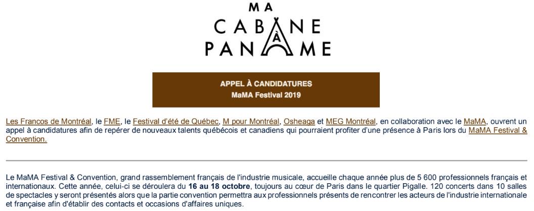 mireille b (@mireillebabin) on Twitter photo Appel à candidatures pour l’événement #macabaneapaname 🎤 L’opération revient en octobre 2019 dans le cadre du <a href="/MaMAevent/">MaMA Music & Convention</a> Renseignements & inscriptions ici bit.ly/2LJ3q9Z 👀
Avec <a href="/FrancosMTL/">Francos de Montréal</a> <a href="/fmeat/">FMEAT</a> @FestivalEteQc <a href="/mformontreal/">M pour Montréal</a> <a href="/osheaga/">OSHEAGA</a> <a href="/megmontreal/">MEG Montreal</a> Appel à candidatures pour l’événement #macabaneapaname 🎤 L’opération revient en octobre 2019 dans le cadre du <a href="/MaMAevent/">MaMA Music & Convention</a> Renseignements & inscriptions ici bit.ly/2LJ3q9Z 👀
Avec <a href="/FrancosMTL/">Francos de Montréal</a> <a href="/fmeat/">FMEAT</a> @FestivalEteQc <a href="/mformontreal/">M pour Montréal</a> <a href="/osheaga/">OSHEAGA</a> <a href="/megmontreal/">MEG Montreal</a>