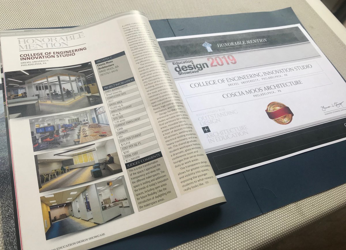 CosciaMoosArch's tweet photo. Excited to receive an Honorable Mention in College Planning &amp; Management’s 2019 Education Design Showcase!

@drexeluniv @WebCPM #architecture #architect #highereducation #design #universitydesign #philadelphia #designawards #educationdesign #drexeluniversity #drexelengineering https://t.co/w59HTwY3NJ