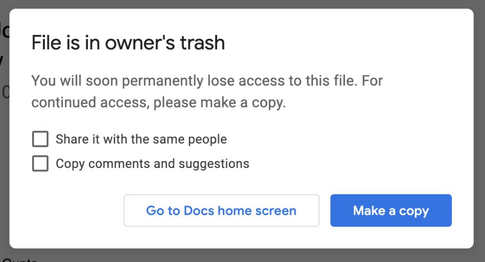  #delightful_design_details 8When viewing a doc that's been trashed by its owner, Google Docs has a grace period where users can still make a copy. Benefits owner (because they can keep tidy) and users (because they still have access). Delightful because it respects workflows.