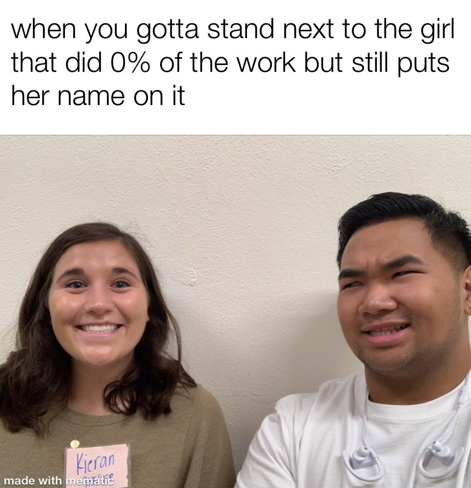 kmehtaedpsy380's tweet photo. Dietrich and I both shared group project stories in which we both found ourselves doing a majority of the work, so after a little research of group project memes, we stumbled upon one with this caption and decided to take our own photo! https://t.co/mVfZERxOso