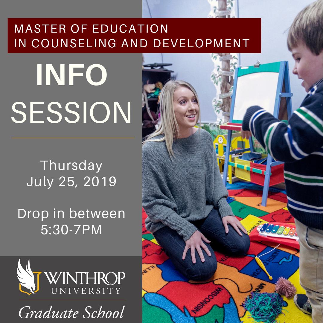 Drop in to explore the Counseling and Development program! We welcome all backgrounds who are interested in becoming counselors.

Register today at gradschool.winthrop.edu/register/CSDV

<a href="/WU_Counseling/">CSDV Winthrop</a> @WinthropCOE