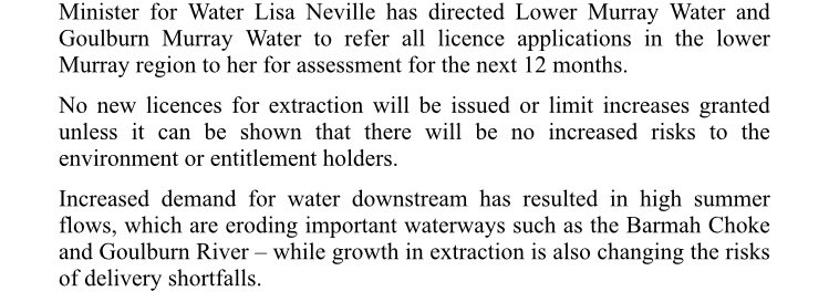 Warwick_Long's tweet photo. The Victorian Water Minister is calling in all new licence applications to use  irrigation water downstream of the Barmah Choke. They will now require ministerial approval. https://t.co/f0Mop9iNFv