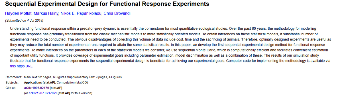 gkalinkat's tweet image. New #preprint @arxiv by Moffat et al: Sequential Experimental Design for #FunctionalResponse Experiments 
cc @wojciech_uszko @b_rosen_baum 
arxiv.org/abs/1907.02179