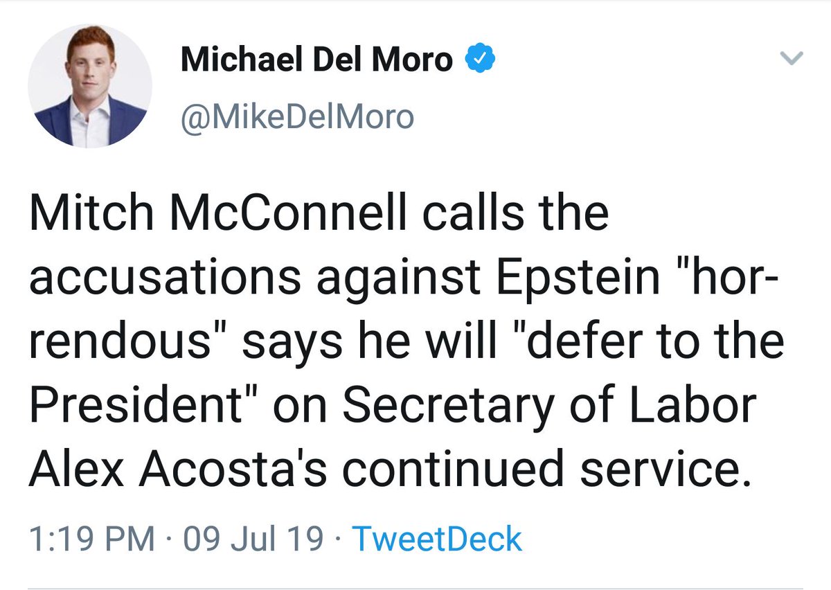 sarahkendzior's tweet photo. Pelosi and McConnell's position is identical. Both seek to protect Acosta, the enabler of Epstein. Both defer to Trump, knowing he was accused of raping a preteen girl procured by Epstein. https://t.co/1NmonKgv4I
