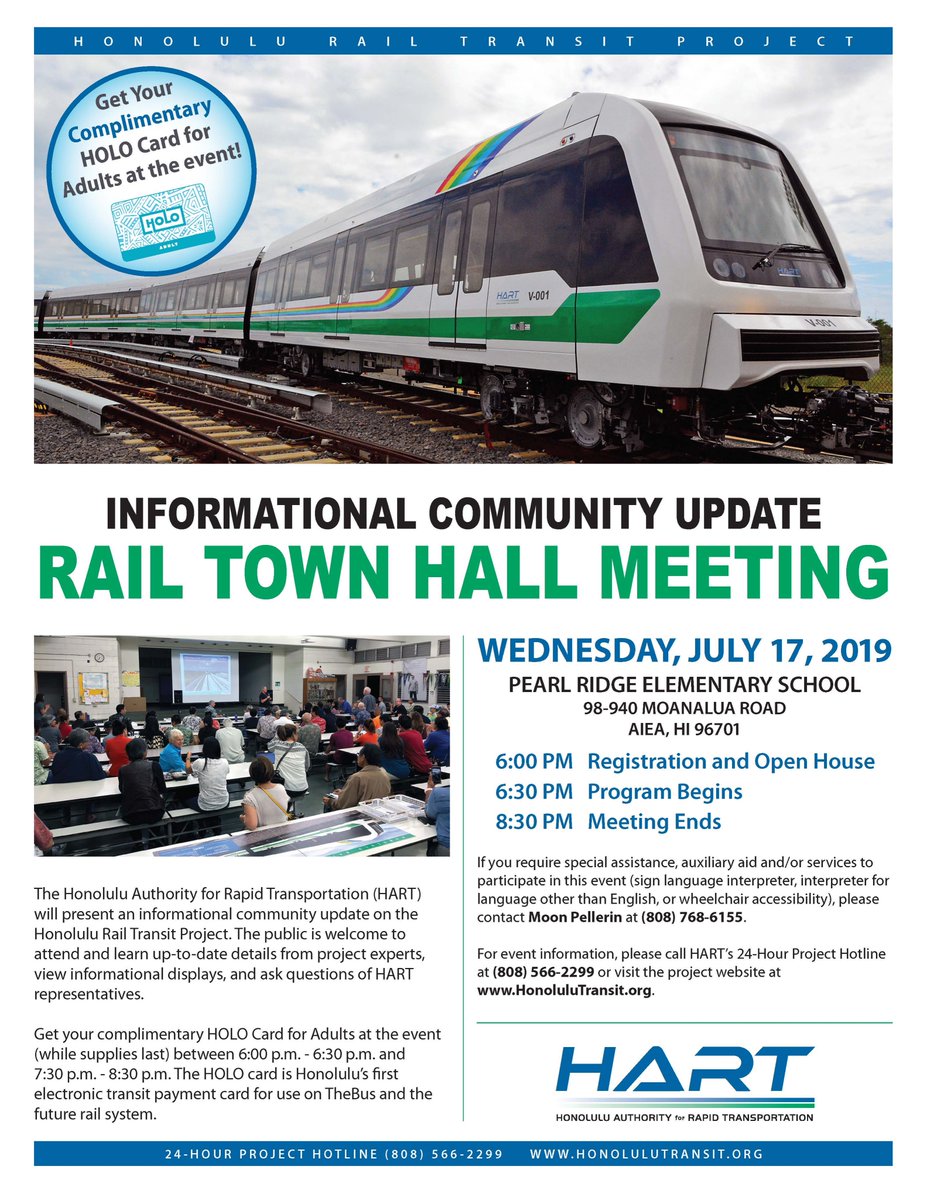 HNL_RTD's tweet image. JOIN HART FOR A SPECIAL TOWN HALL EVENT - an informational community update on the Honolulu Rail Transit Project. Hear from project experts, see info displays, &amp;amp; ask questions of HART reps. Also get your free HOLO Card for Adults while supplies last! 
See the flyer for more info!
