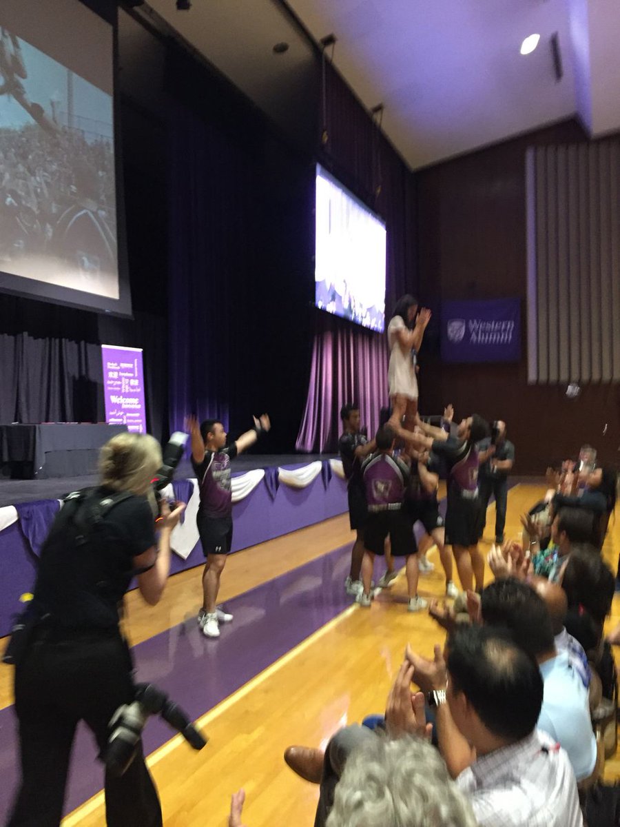 westernuLIVE's tweet photo. Kicking off the #IntlACAC2019 Opening Ceremony with Western’s amazing cheerleaders #purpleandproud #PurpleReign https://t.co/zAKspnH5j8
