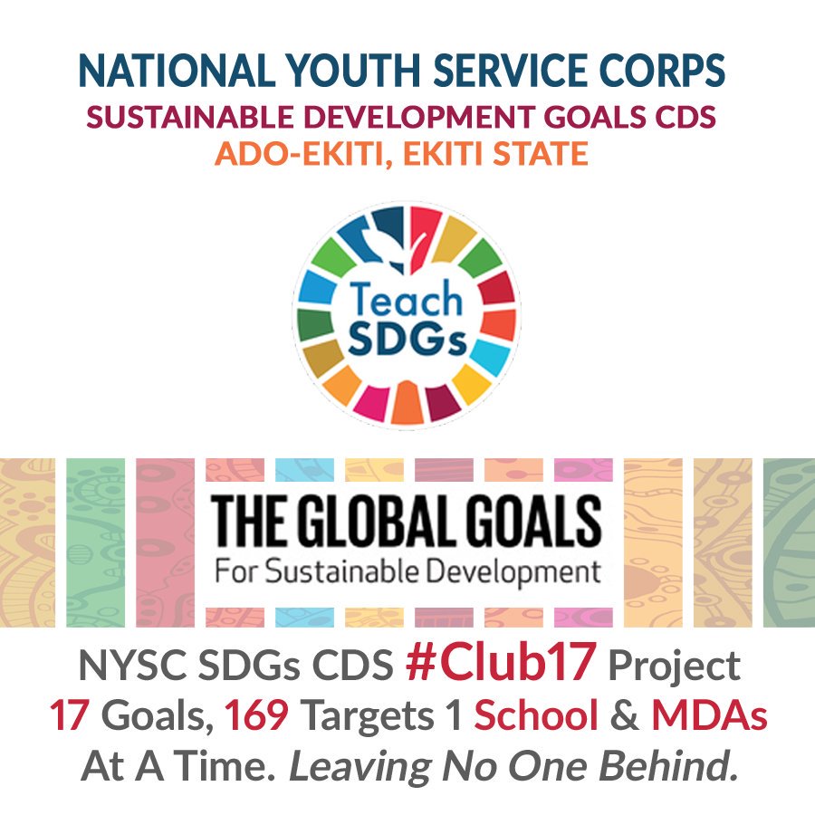 SDGsCDS_Ekiti's tweet photo. We'll be kick starting engagements to Teach the SDGs to 5000 Students in public & Private Schools and also 1000 Civil Servants of MDAs in Ekiti State through our #Club17Project.
We appreciate the office of @EKSDGs for their unending support to the success.
#TeachSDGs #Club17 https://t.co/krn22g0Qz7