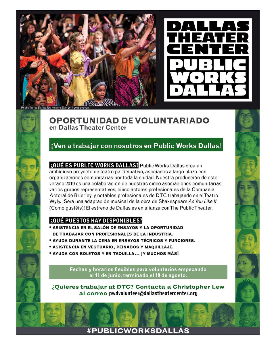 pplpurposeplace's tweet photo. Here's your chance to get involved with the third year of this moving theatre experience, Public Works Dallas. Dallas Theater Center are seeking volunteers to help out with the production. There's a space just for you! 

email: pwdvolunteer@dallastheatercenter.org https://t.co/DCGB7gBiy9