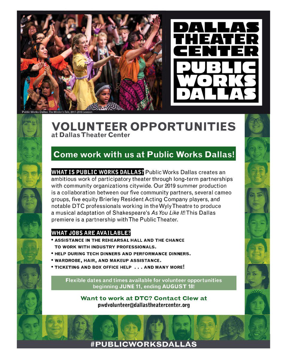 pplpurposeplace's tweet photo. Here's your chance to get involved with the third year of this moving theatre experience, Public Works Dallas. Dallas Theater Center are seeking volunteers to help out with the production. There's a space just for you! 

email: pwdvolunteer@dallastheatercenter.org https://t.co/DCGB7gBiy9