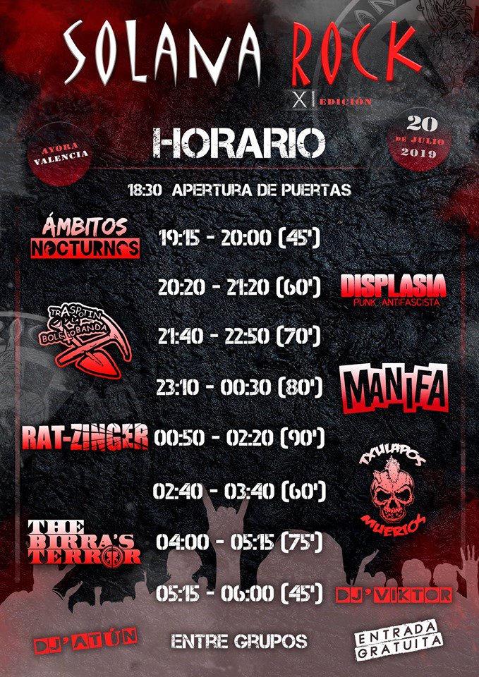 POTENCIALHC's tweet photo. Horarios del Solana Rock !!!
El 20 de julio de 2019 en #Ayora (Valencia) y GRATIS....
Con 🔥@RAT_ZINGER 🔥@ManifaPunk 🔥@TheBirrasTerror 🔥@txulaposmuertos 🔥@laboletobanda 🔥#Displasia🔥 #ÁmbitosNocturnos🔥

#Festival #Ayora #SolanaRock #SeViene #PunkRock #Amunt #YaEstamosAhí https://t.co/p08iceVrEh