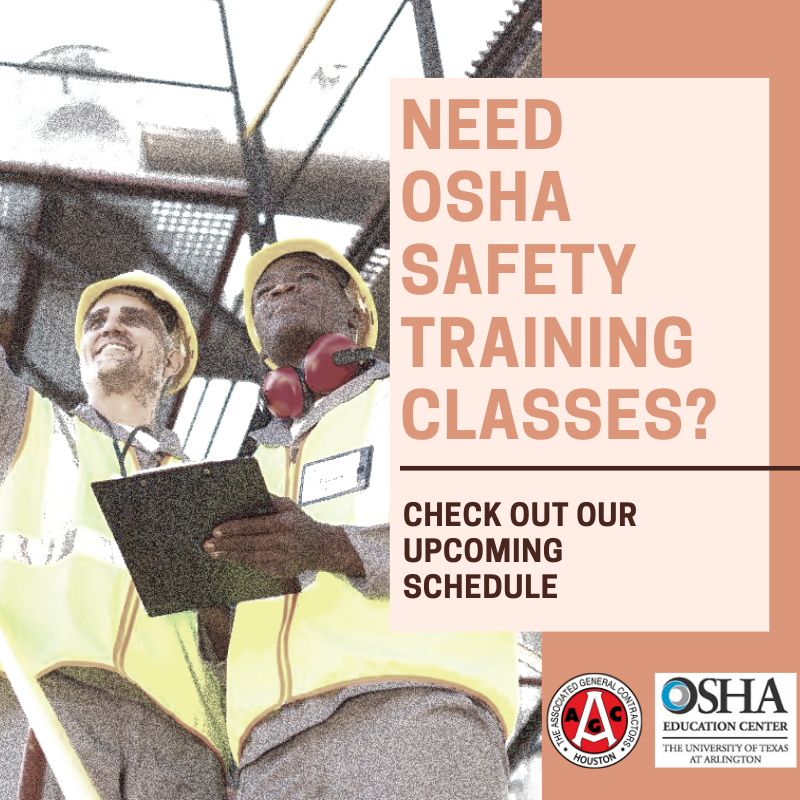AGCHouston's tweet photo. You & your team can receive #OSHA training on construction & gen. industry #safety & health hazards. As an affiliate of @UTAOSHA we offer #safetyprofessionals the opportunity to earn their #CSHO, #SHEP, #MCE, #MCSH, & #MCRM designations! See our calendar! https://t.co/9QxPvRB8tn https://t.co/F8z5SGpJlt
