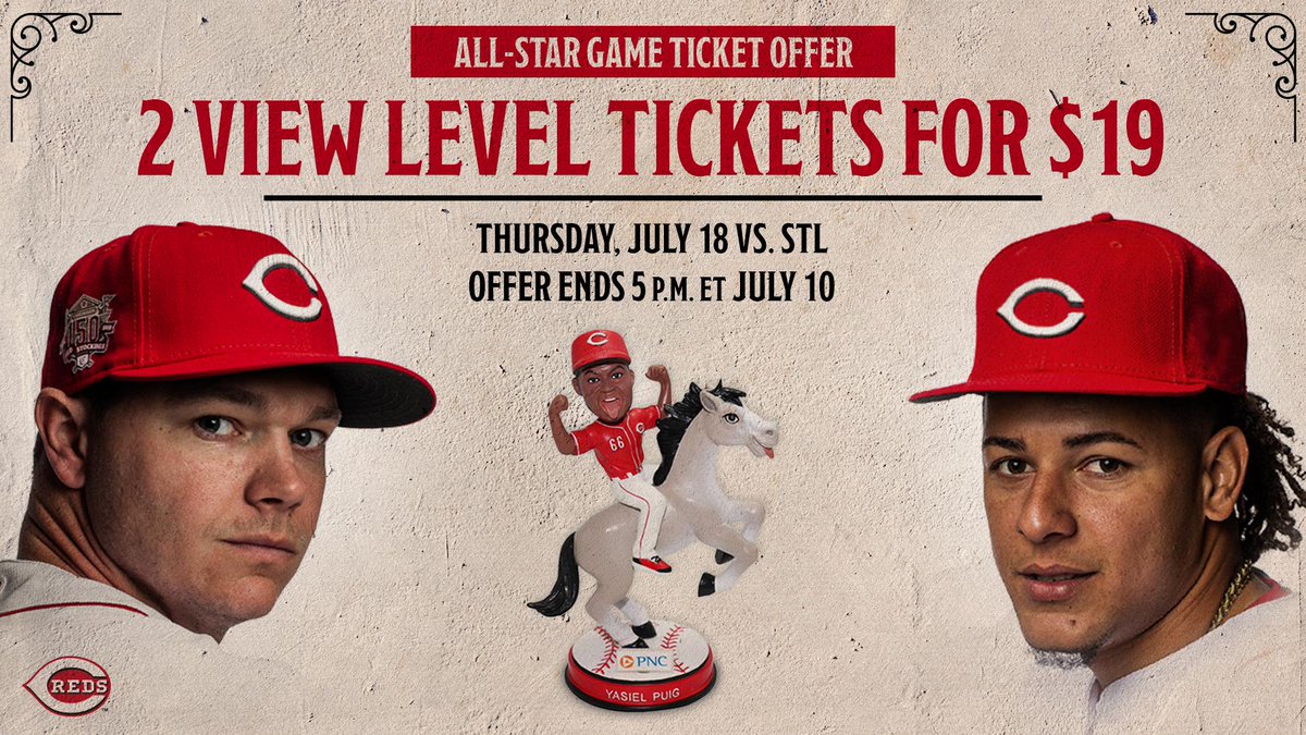 Reds's tweet photo. Our All-Star ticket offer for Thurs. July 18 vs. STL (featuring a @YasielPuig bobblehead giveaway) is live until 5pmET tomorrow! 🎟️ https://t.co/MLHGlTCgls

🚨 RETWEET for a chance to win a Puig bobblehead! 🚨
Enter by 12 p.m. ET Wed., July 10. Rules: https://t.co/EqNHl89UMH https://t.co/FVB8lD6aM9