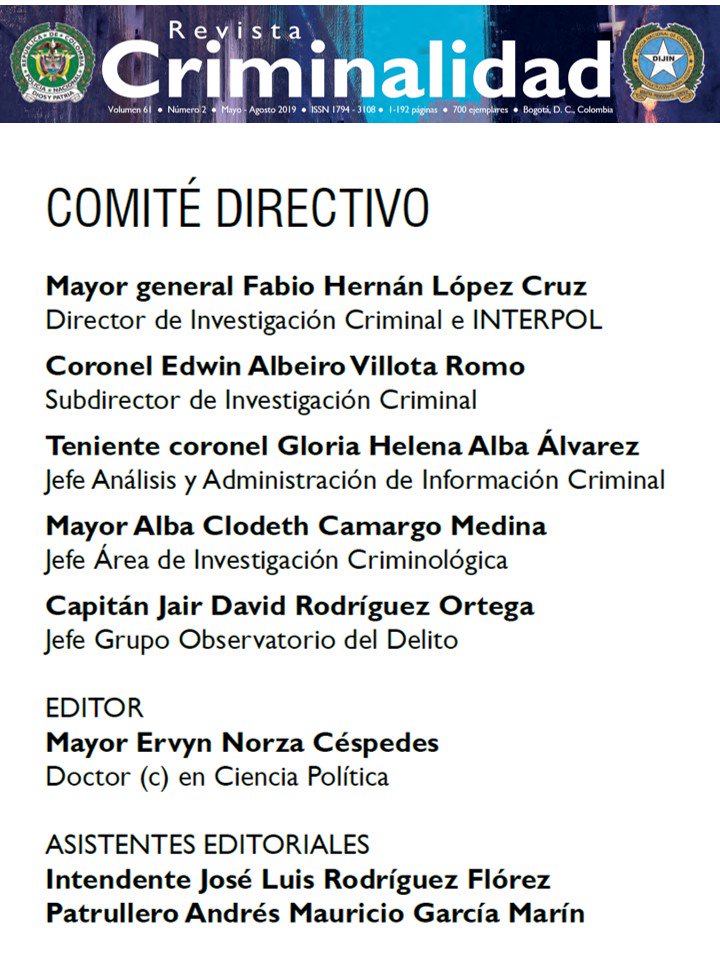 RevCrim's tweet photo. "Comité directivo" Revista Criminalidad y "Comité científico" conformado por profesionales de universidades e institutos expertos en temas de criminalidad. https://t.co/eiXJ9NuXX2