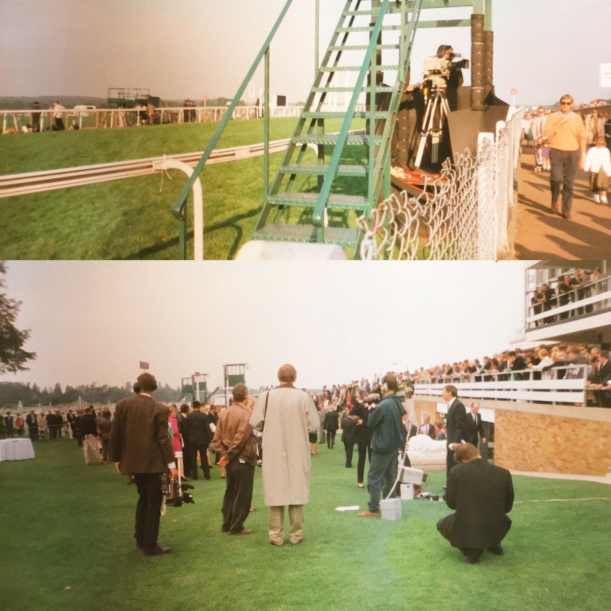 stevechalles's tweet photo. Archive OB pics: BBC OB team at #Ascot in late 1990’s - tight squeeze for Type 8 Scanner, other vehicles across road in car park and the old grandstand / winners enclosure #BBCOB https://t.co/8wWlrcGh2A