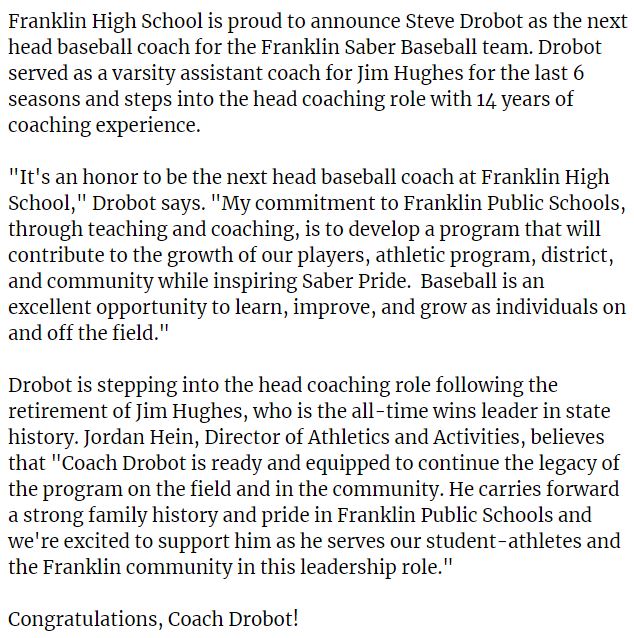 FranklinSabers's tweet photo. Congrats to Coach Steve Drobot, our new head coach of @SaberBaseball! #SaberPride https://t.co/e09rzQwEg6
