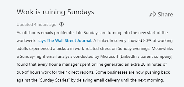 TheJobfather__'s tweet photo. Please stop this "Getting a jump on the week narrative" That has you checking emails and working on a Sunday night. It's not good for your health, productivity or Mental viability as per the @WSJ
From my LinkedIn Feed. #JupiterHR https://t.co/JNQGwIc7cB