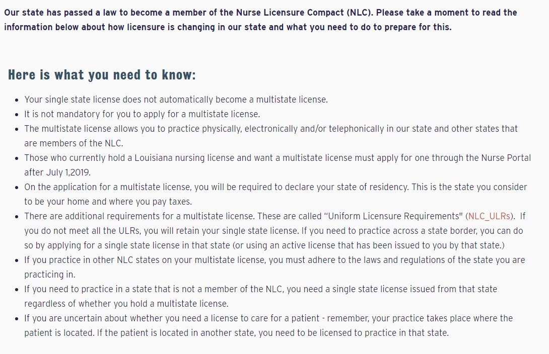 ProHealthUS's tweet photo. Would you like to work in Lousiana? As of July 1, Louisiana has implemented the Nurse Licensure Compact. This allows for RN's and LPN's to have one multi-state license, with the ability to practice in their home state and compact States. See below: https://t.co/6AVI9YeyDL https://t.co/ysduP4iZPf