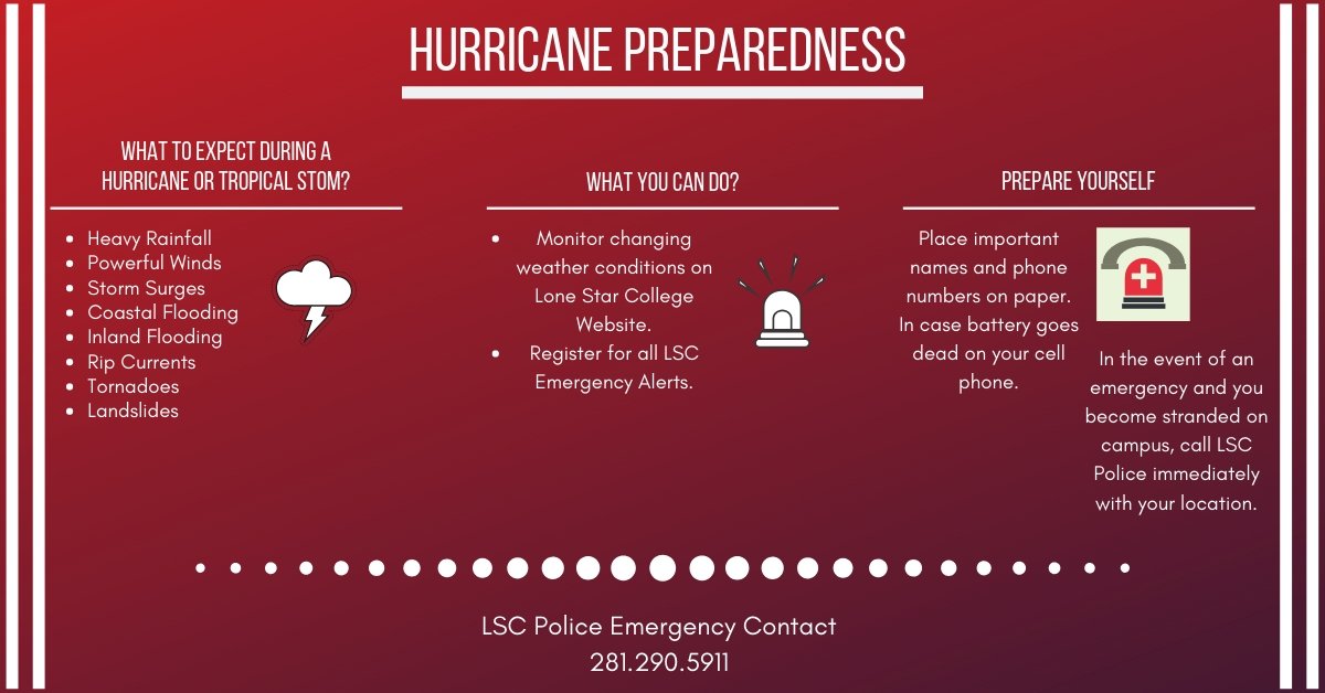 LSC_Kingwood's tweet photo. With a tropical distrubance forming in the gulf, now is a good time to review the hurricane preparedness and how the Lone Star College Department of Emergency Preparedness is here to help. Visit https://t.co/iskx8rGnAI for more information. #LSCKingwood #LSCSafe https://t.co/TrxJ5irkVN