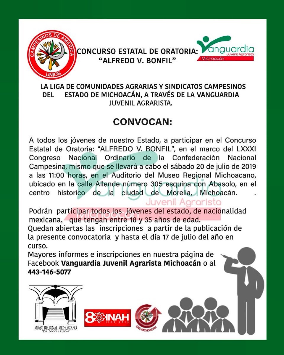 VJA_Mich's tweet photo. CONCURSO DE ORATORIA 🗣️
Premio💰 y 🎖️Reconocimiento a los 3 primeros lugares. 
El primer lugar representará a #Michoacán en el Concurso Nacional de la #CNC.
Informes e inscripciones totalmente gratis al 
443 146 5077, o al correo vanguardiajamichoacan@gmail.com https://t.co/W0CQetRhco